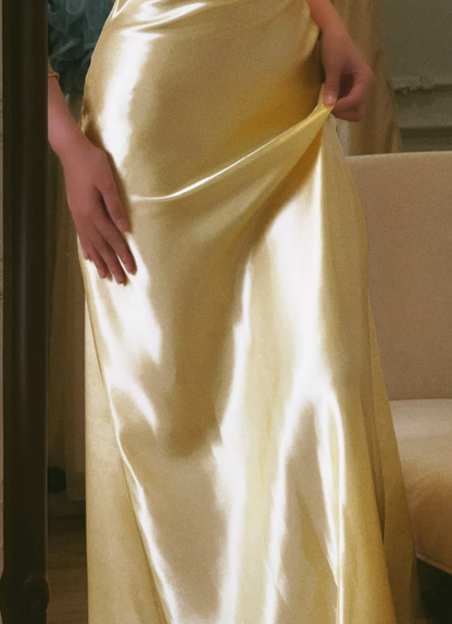 Yellow A Line Spaghetti Strap Lace Satin Prom Dress Evening Dress DP7950