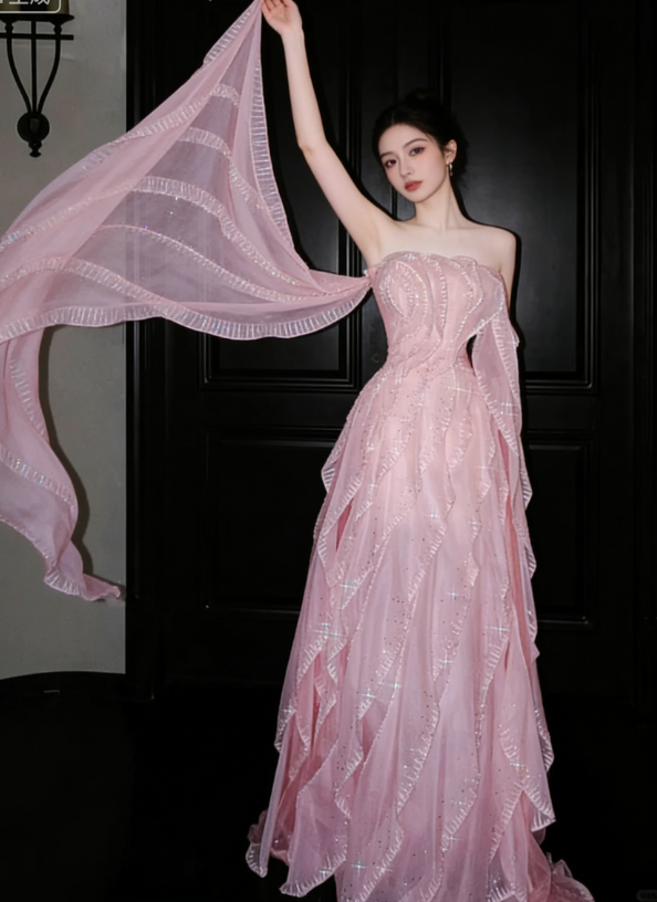 Gentle A Line Off the Shoulder Layered Beaded Pink Organza Long Prom Dress Evening Dress DP2655