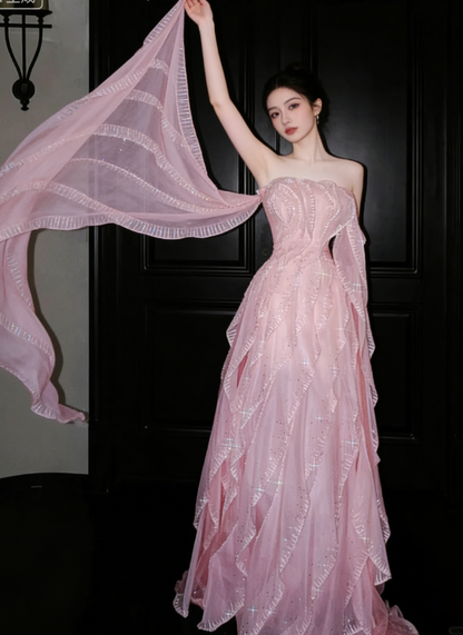Gentle A Line Off the Shoulder Layered Beaded Pink Organza Long Prom Dress Evening Dress DP2655