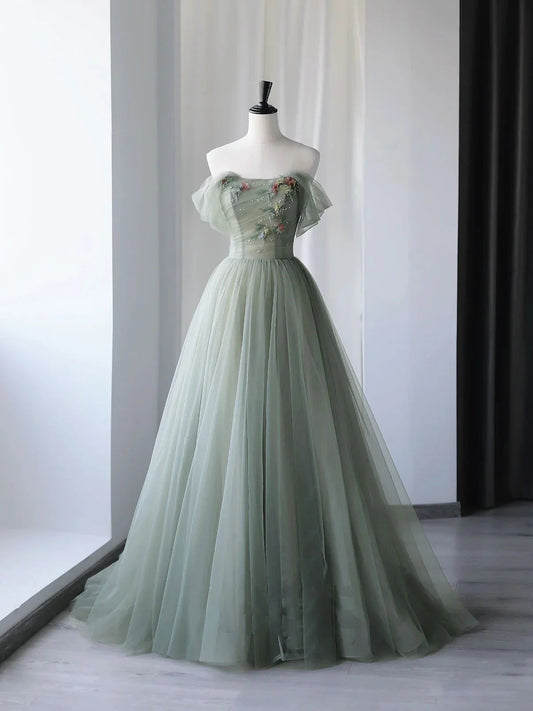 Gray Green Tulle Off Shoulder Long Prom Dress, Gray Green Formal Graduation Dresses DP3364