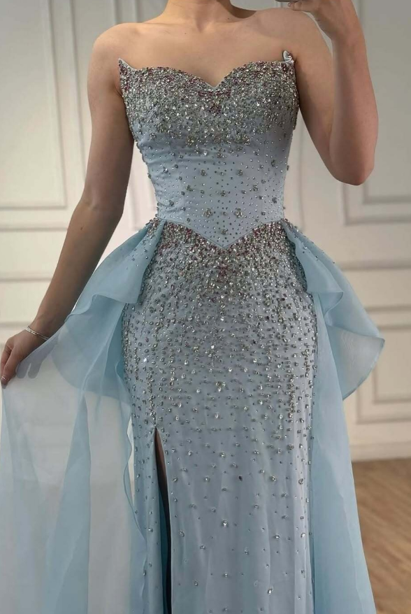 Baby Blue Sheath Sweetheart Neck Beaded Satin Tulle Long Prom Dress Evening Dress DP4334