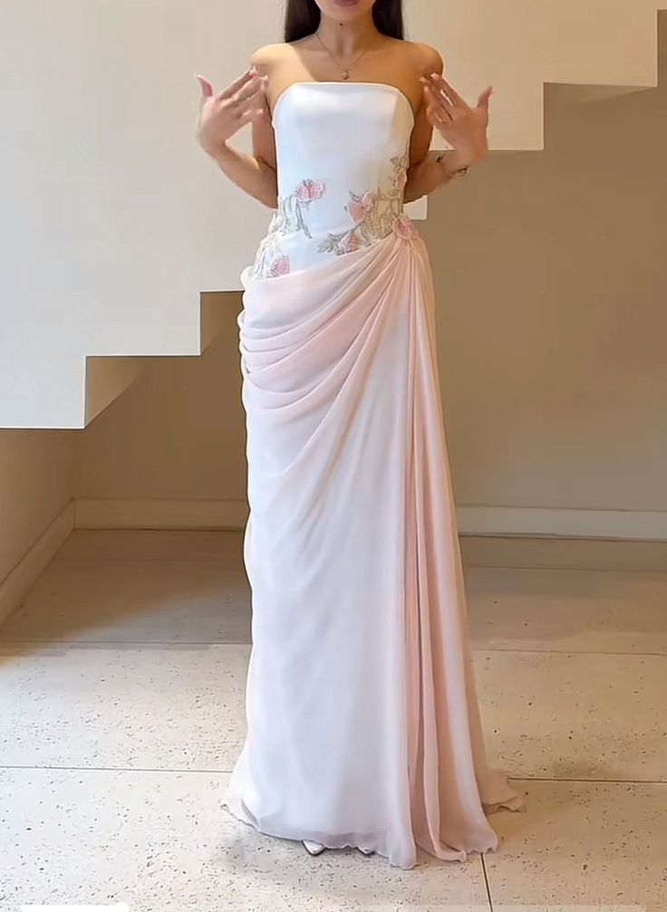 Gentle A Line Strapless Embroidered Pink Chiffon Satin Prom Dress Party Dress DP6536