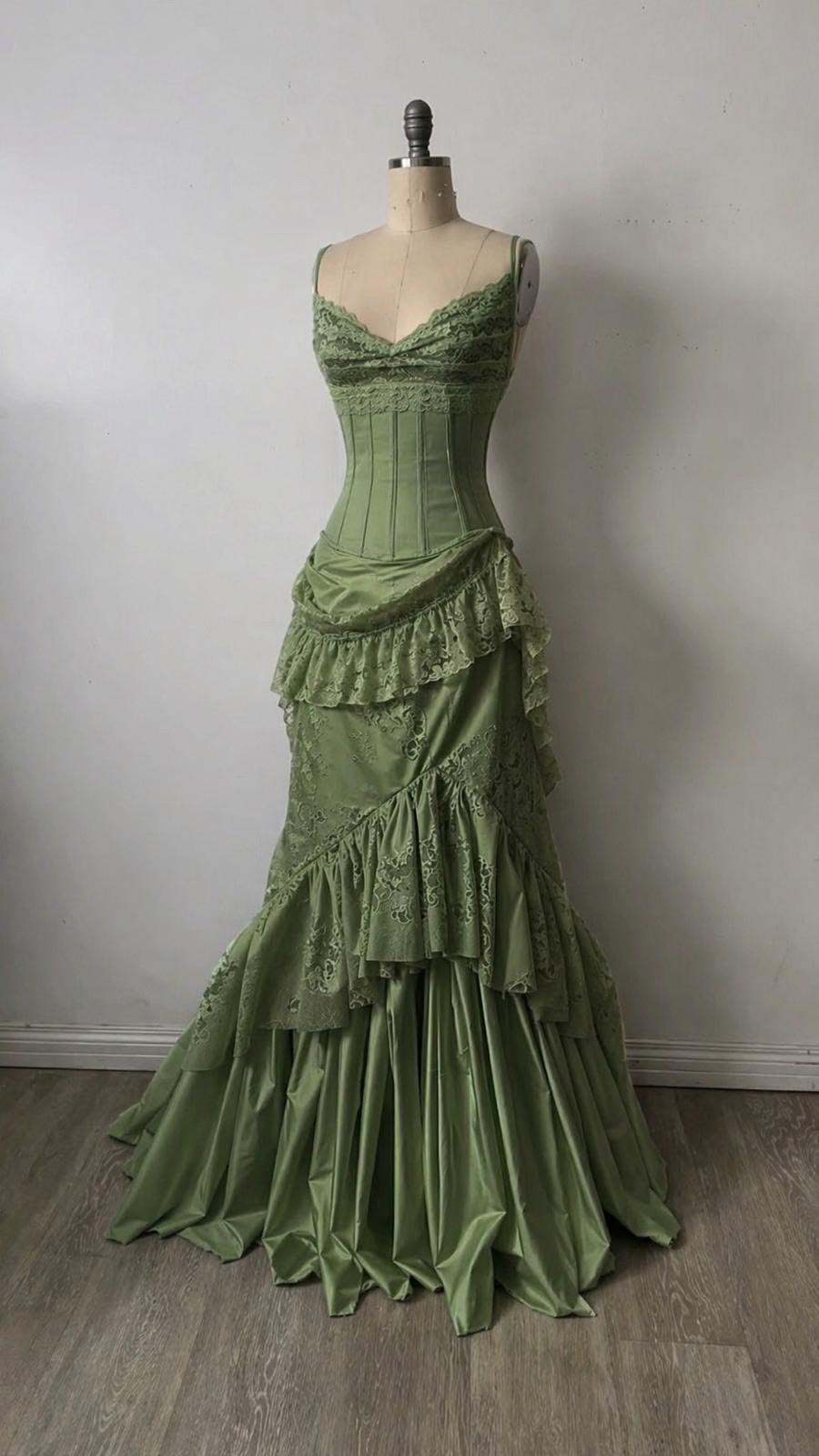 Dark Sage Green Mermaid Spaghetti Straps Layered Lace Satin Long Prom Dress Evening Dress DP6733