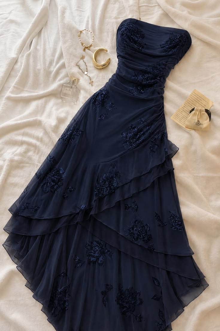 Navy Blue A Line Strapless Exquisite Appliques Chiffon Prom Dress Evening Dress DP7180