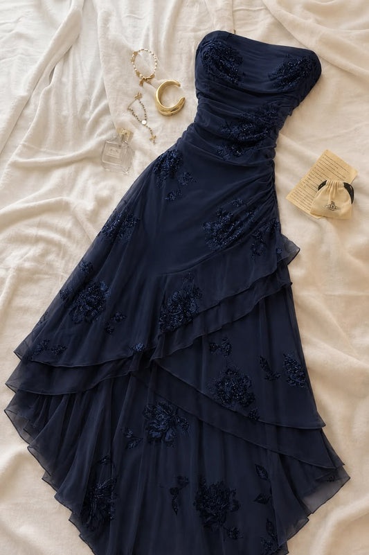 Navy Blue A Line Strapless Exquisite Appliques Chiffon Prom Dress Evening Dress DP7180