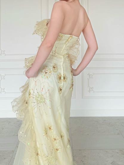 Pretty Mermaid Strapless Shiny Sequin Yellow Organza Slit Prom Dress Evening Dress DP6446