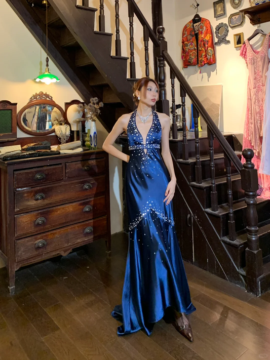 Vintage Mermaid Halter Rhinestone Blue Satin Open Back Long Sweep Party Dress Evening Dress DP2431