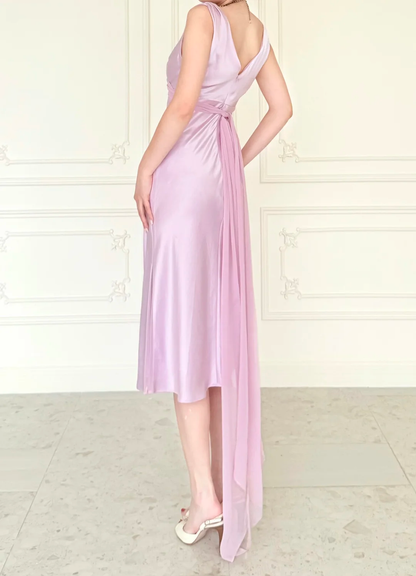 Gentle Light Purple A Line V Neck Chiffon Satin Prom Dress Evening Dress DP6442