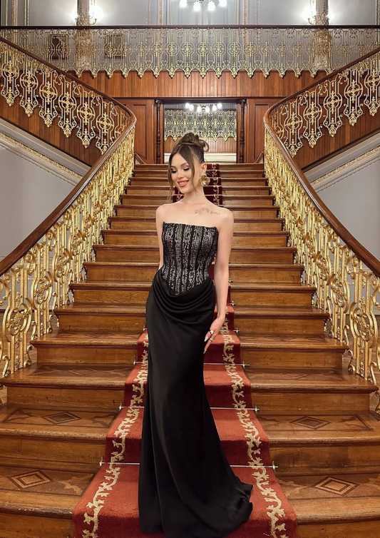 Sexy Mermaid Strapless Beaded Black Satin Prom Dress Evening Dress DP3991