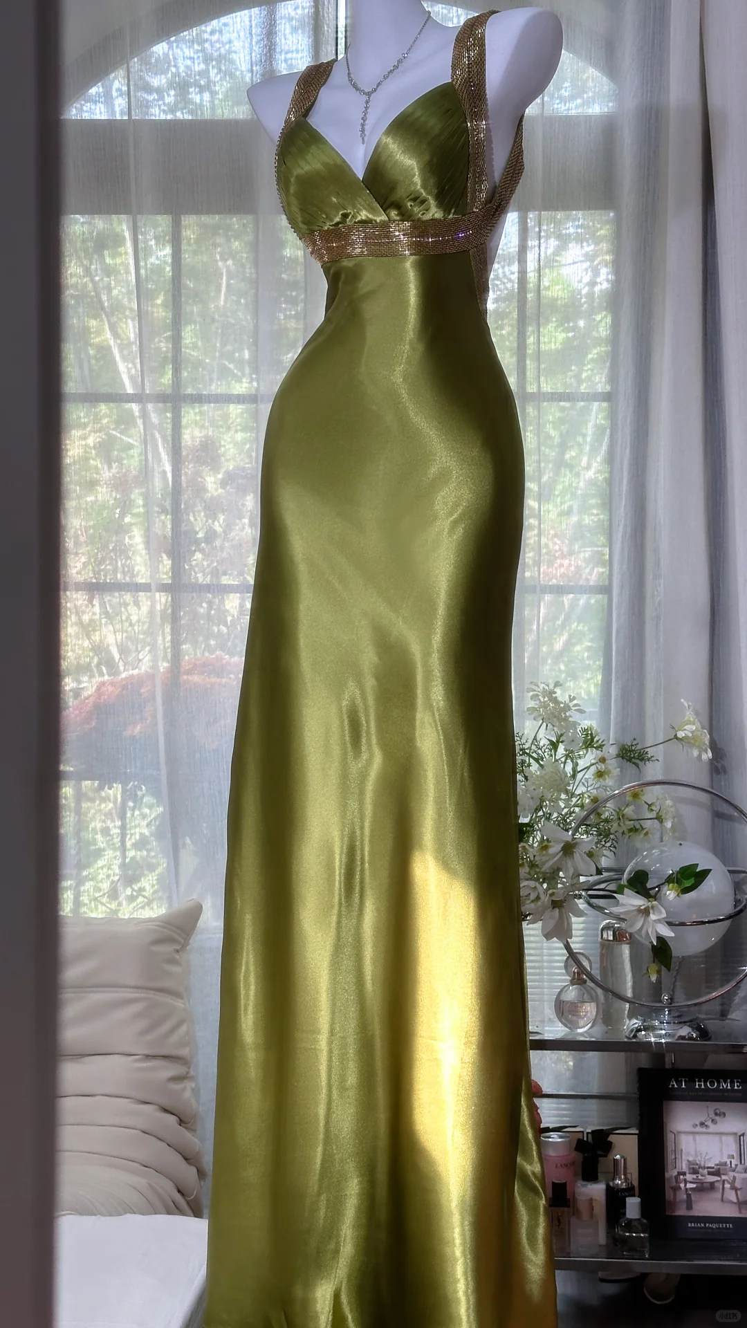 Vintage Sheath Straps Olive Green Beaded Satin Open Back Long Prom Dress DP4717