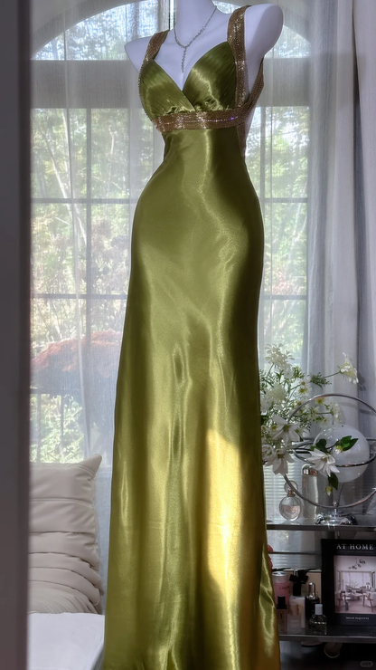 Vintage Sheath Straps Olive Green Beaded Satin Open Back Long Prom Dress DP4717