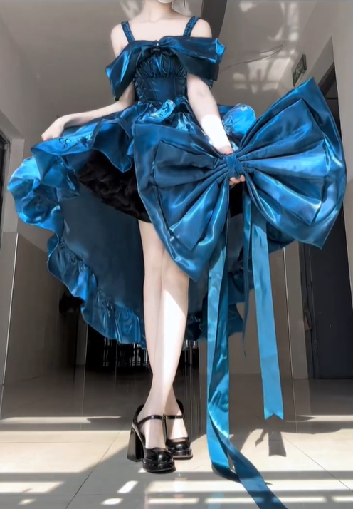 Stunning Blue A Line Off the Shoulder Bow Satin Short Prom Dress Homecoming Dress DP4559