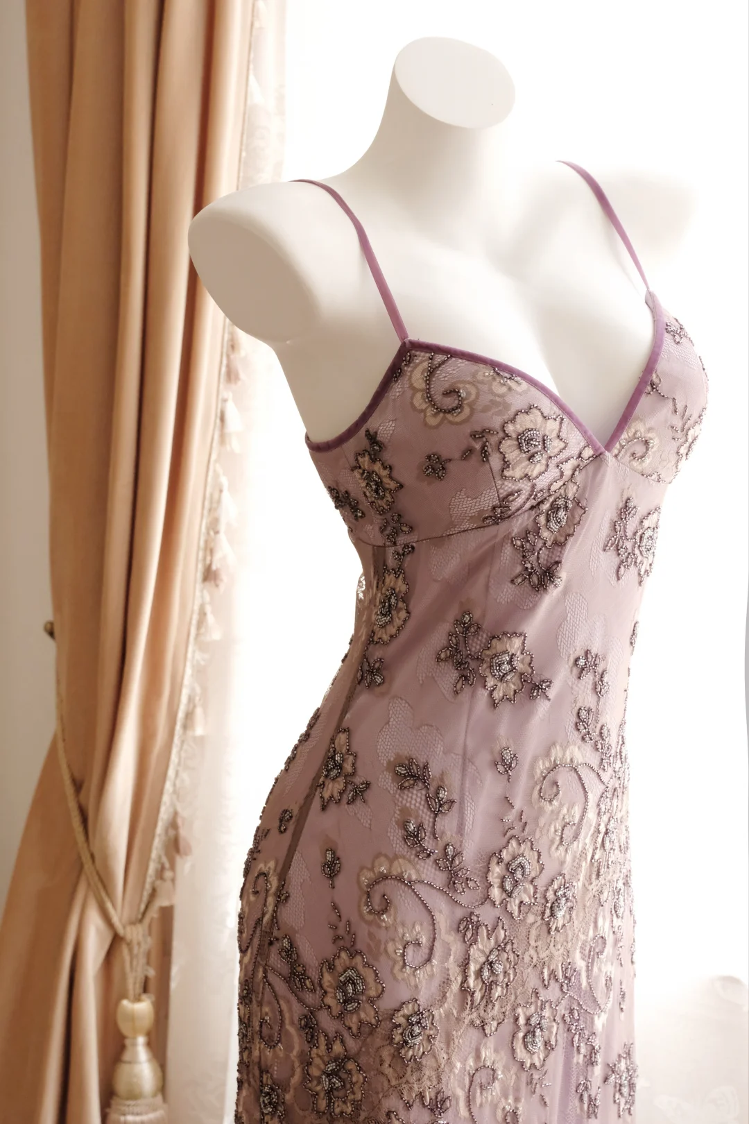 Vintage Light Purple Sheath Spaghetti Strap Beaded Tulle Prom Dress Evening Dress DP8262