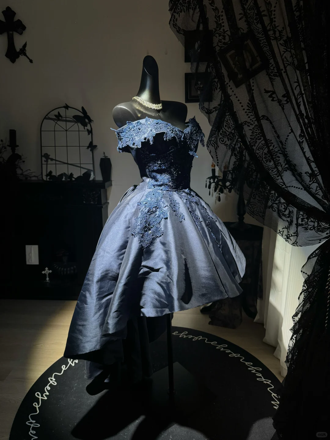 Navy Blue A Line Off the Shoulder Applique Satin Short Prom Dress Homecoming Dress DP6974