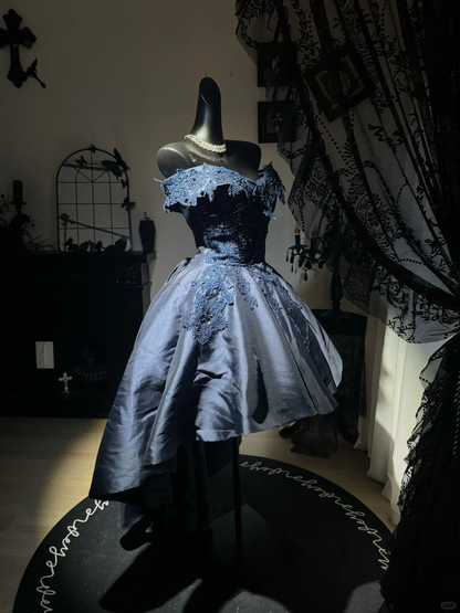 Navy Blue A Line Off the Shoulder Applique Satin Short Prom Dress Homecoming Dress DP6974