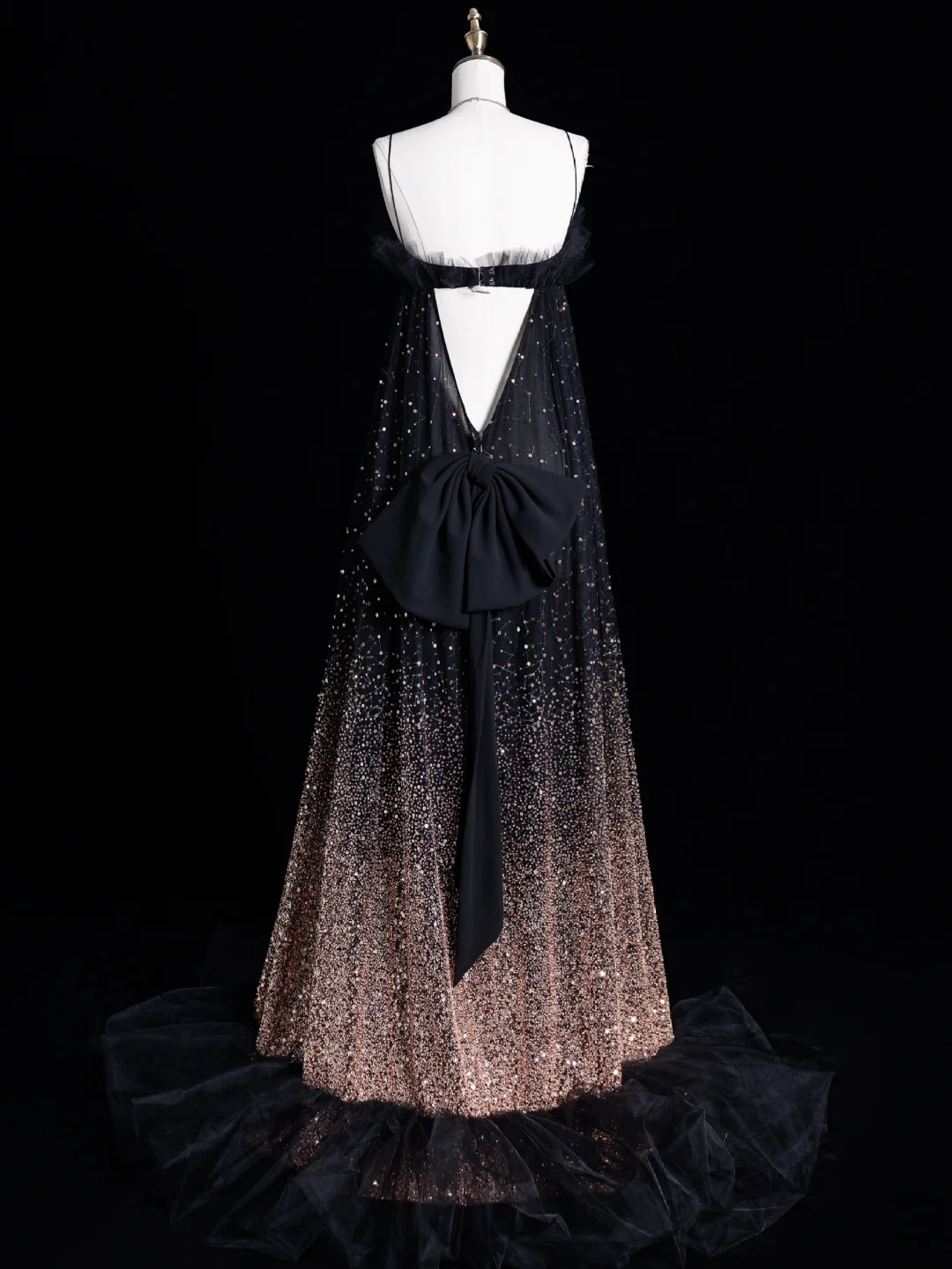 Cute A Line Spaghetti Strap Sequin Tulle Long Open Back Prom Dress Evening Dress DP2087