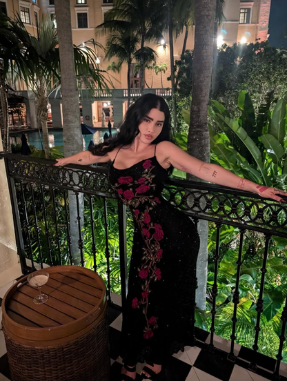 Sexy Black Sequin Sheath Spaghetti Strap Flower Embroidery Evening Dress Cocktail Dress DP3139