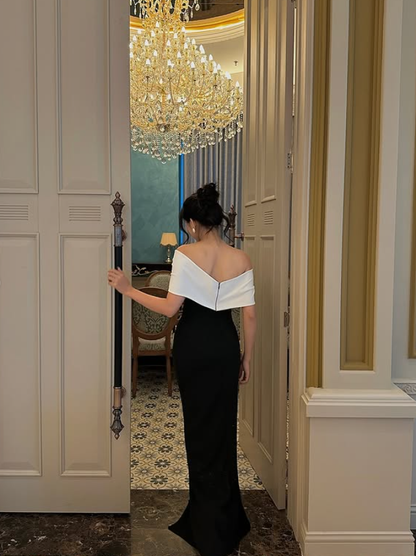 Classic Elegant Sheath Off the Shoulder Black-White Satin Long Prom Dress Evening Dress DP3966