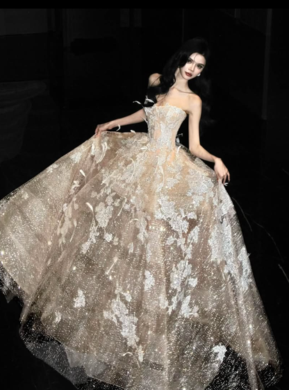 Shiny Ball Gown Strapless Feather Champagne Sequin Prom Dress Quinceanera Dress DP6605