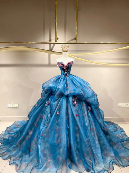 Stunning Ball Gown Sweetheart Neck 3D Floral Blue Organza Prom Dress Quinceanera Dress DP6601