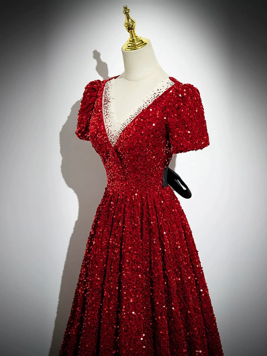 Sparkly Red V Neck Sequins Beaded Evening Party Dress DP399