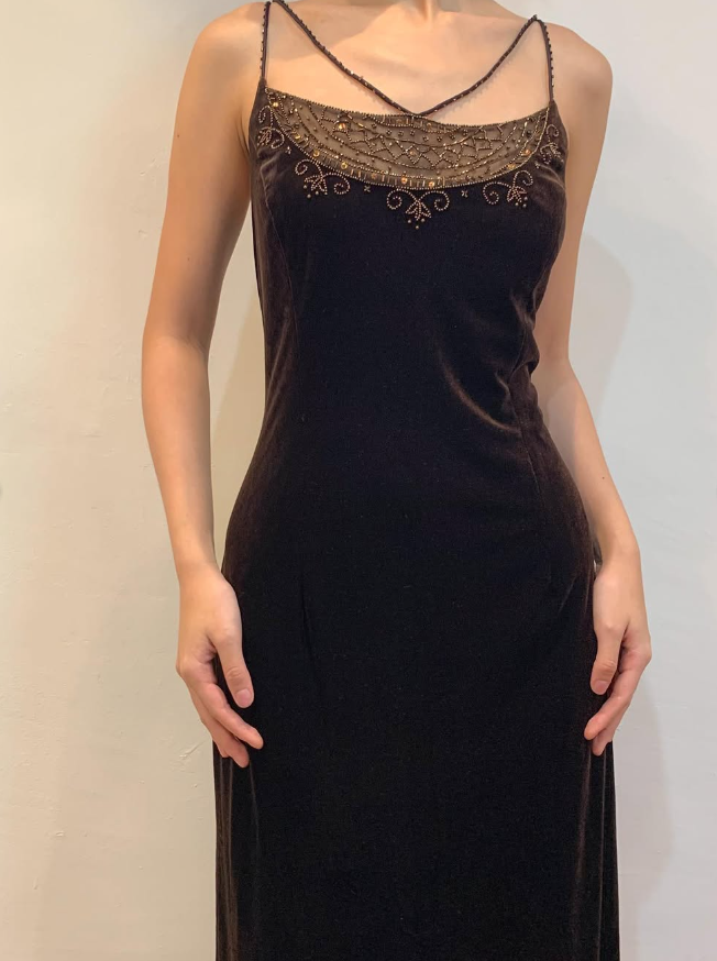 Vintage Sheath Spaghetti Strap Beaded Velvet Prom Dress Evening Dress DP1688