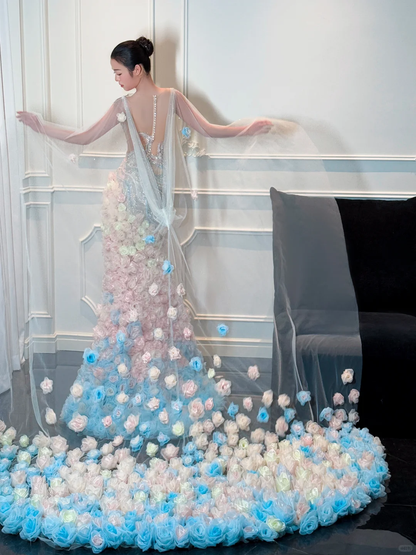 Dreamy Mermaid V Neck Ombre Floral Beaded Tulle Prom Dress DP4293