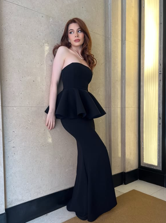 Classic Black Mermaid Strapless Satin Long Prom Dress Wedding Guest Dress DP4313