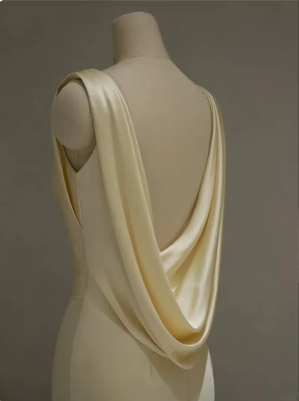 Pastel Yellow Satin Backless Mermaid Long Prom Dress DP143