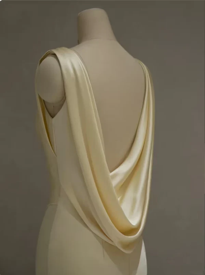 Pastel Yellow Satin Backless Mermaid Long Prom Dress DP143