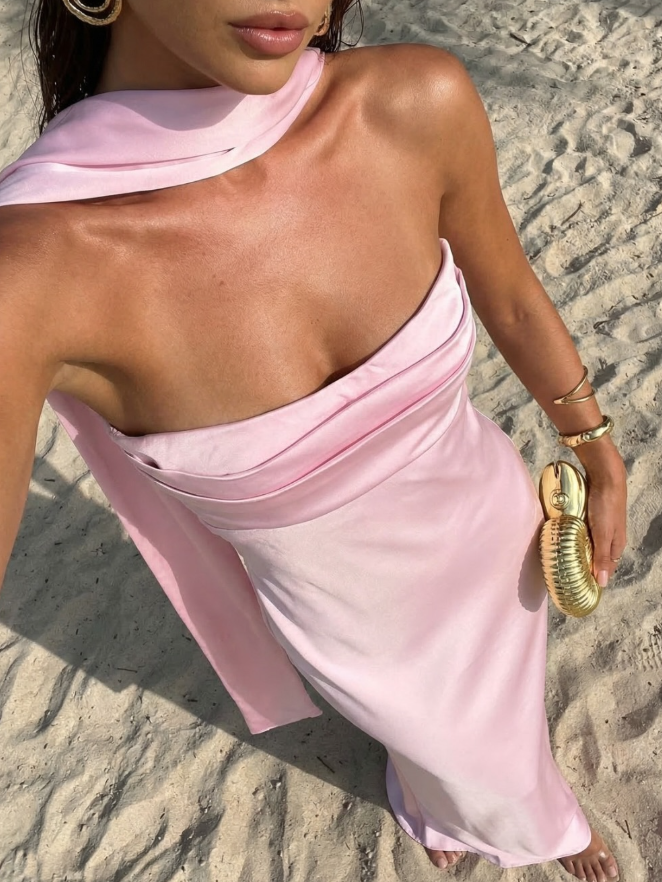Sweety Light Pink Sheath Strapless Pleated Satin Long Bridesmaid Dress DP5098