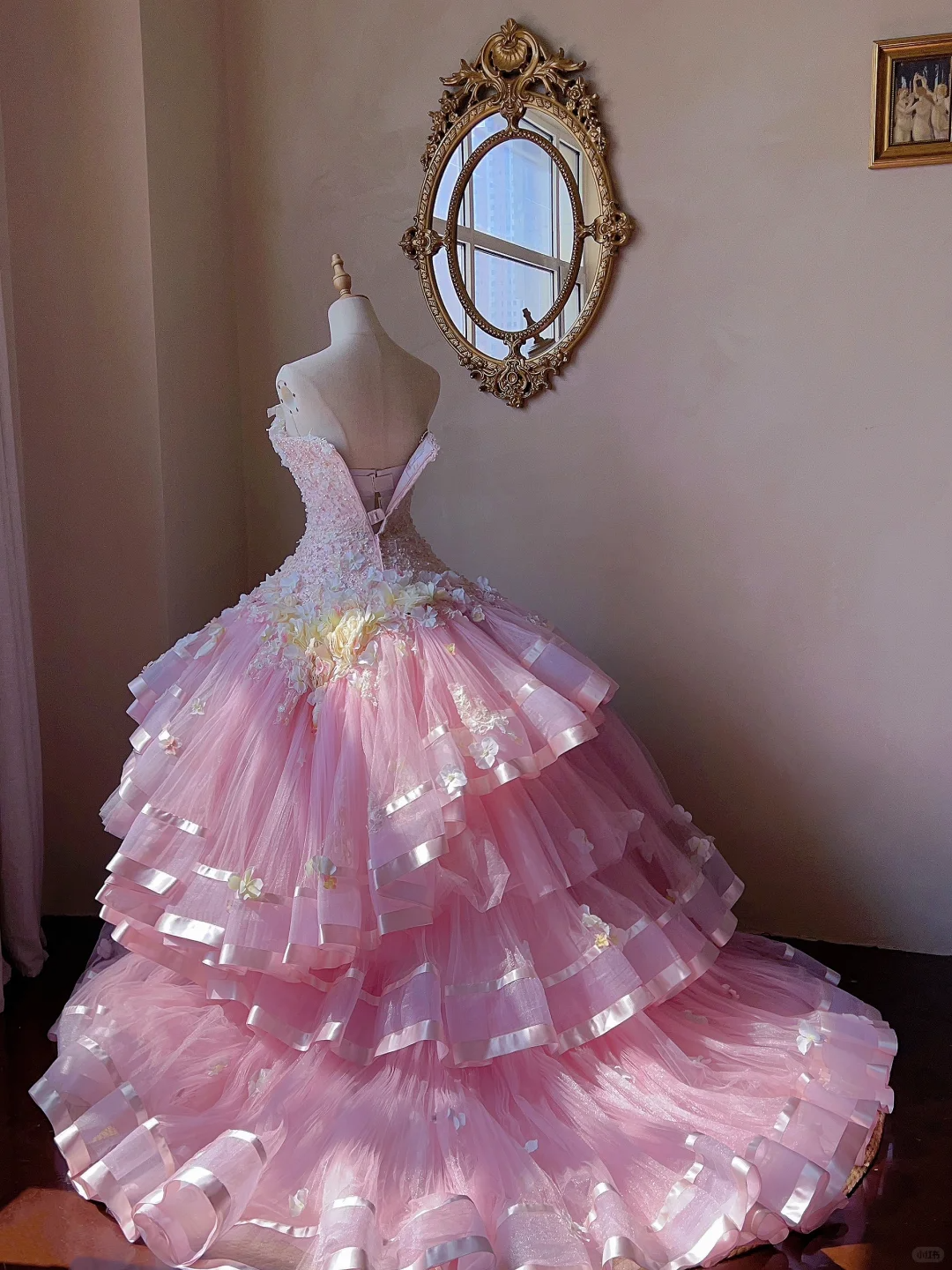 Stunning Pink Ball Gown Floral Beaded Layered Tulle Prom Dress 16th Birthday Dress DP5020