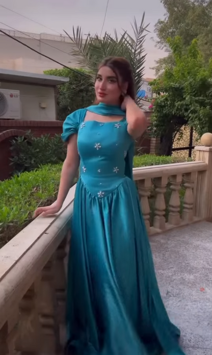 Elegant A Line Strap Rhinestone Blue Satin Long Prom Dress Party Dress DP4128