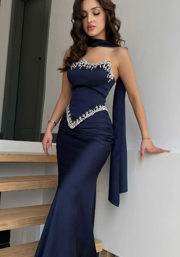 Navy Blue Sheath Strapless Exquisite Beaded Satin Prom Dress Evening Dress DP5028