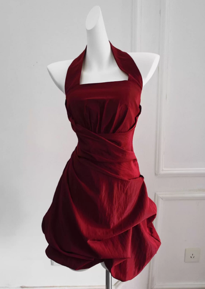 Cute Navy Blue A Line Halter Pleated Satin Open Back Short Homecoming Dress Outfits DP4700