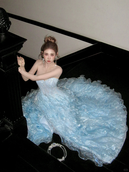 Stunning Baby Blue Ball Gown Shiny Sequin Flowy Organza Long Prom Dress Evening Dress DP5382
