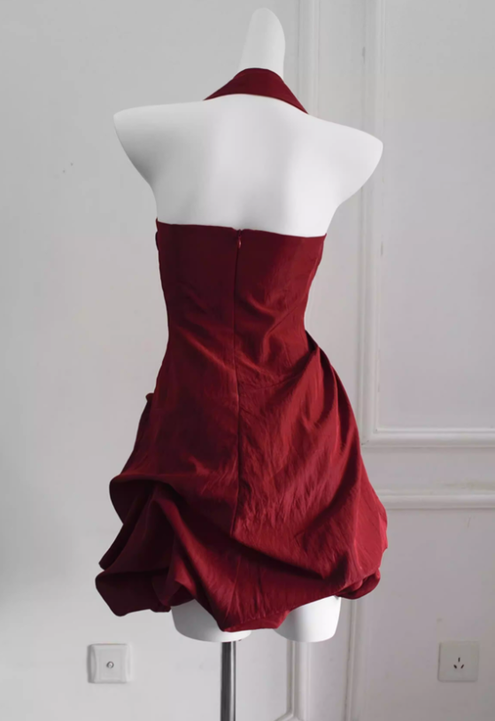 Cute Navy Blue A Line Halter Pleated Satin Open Back Short Homecoming Dress Outfits DP4700