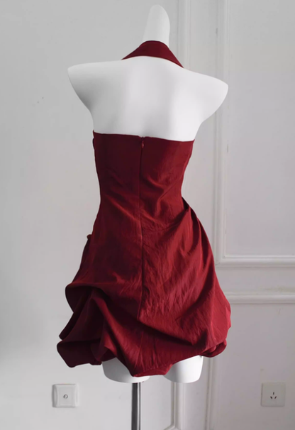 Cute Navy Blue A Line Halter Pleated Satin Open Back Short Homecoming Dress Outfits DP4700