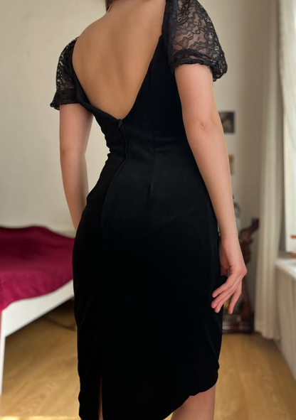 Vintage Sheath Puff Sleeve Black Velvet Knee Length Prom Dress Evening Dress DP5728