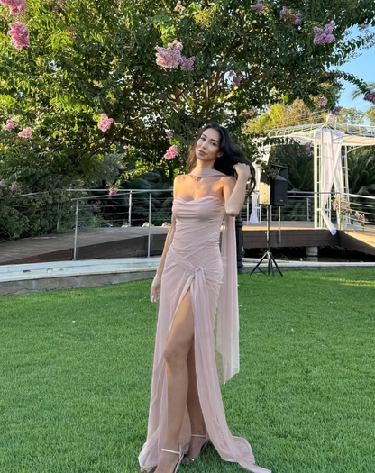 Sexy A Line Sweetheart Neck Tulle Long Prom Dress Evening Dress with Slit DP1570