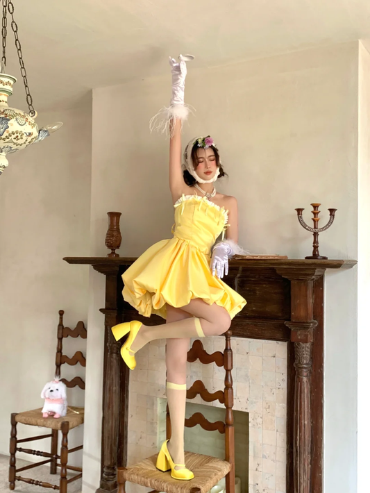Cute A Line Strapless Yellow Satin Short Cocktail Dress Homecoming Dress with Bow DP2436