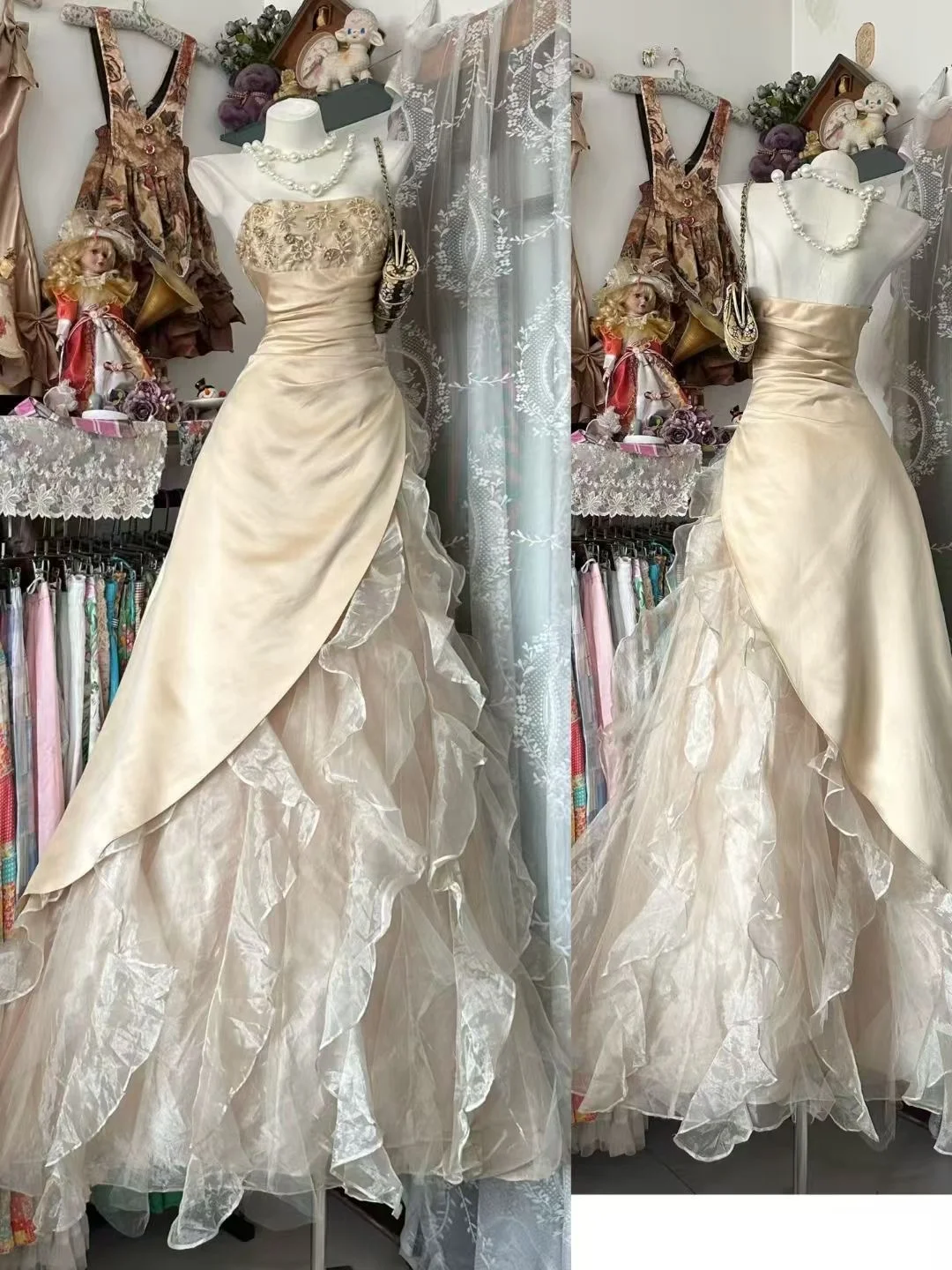 Apricot A Line Strapless Beaded Ruffle Organza Satin Prom Dress Evening Dress DP5622