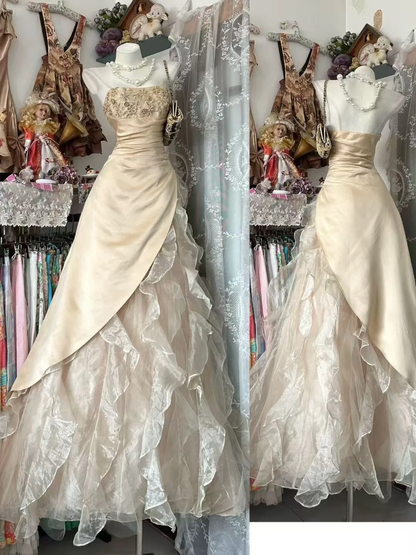 Apricot A Line Strapless Beaded Ruffle Organza Satin Prom Dress Evening Dress DP5622