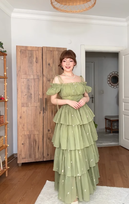 Green A Line Off the Shoulder Embroidery Floral Chiffon Prom Dress Outfits DP4434