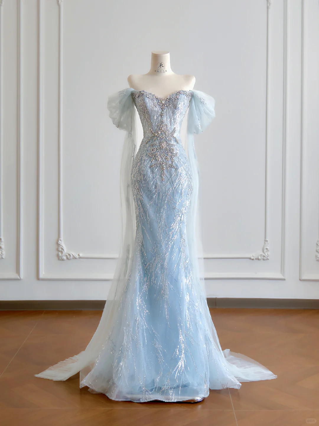 Baby Blue Mermaid Off the Shoulder Rhinestone Sequin Tulle Prom Dress 16th Birthday Dress DP3875