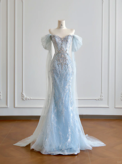 Baby Blue Mermaid Off the Shoulder Rhinestone Sequin Tulle Prom Dress 16th Birthday Dress DP3875