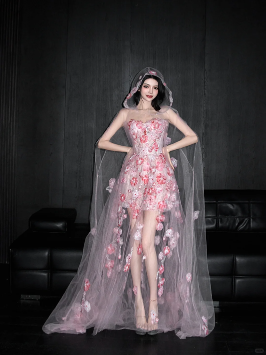 Romantic Pink 3D Floral A Line Sweetheart Neck Tulle Date Dress Evening Dress Homecoming Dress DP2903