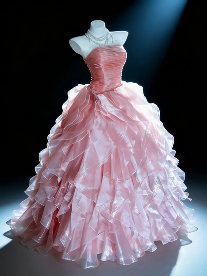 Dreamy Pink A Line Strapless Layered Organza Prom Dress Party Evening Dress DP5346