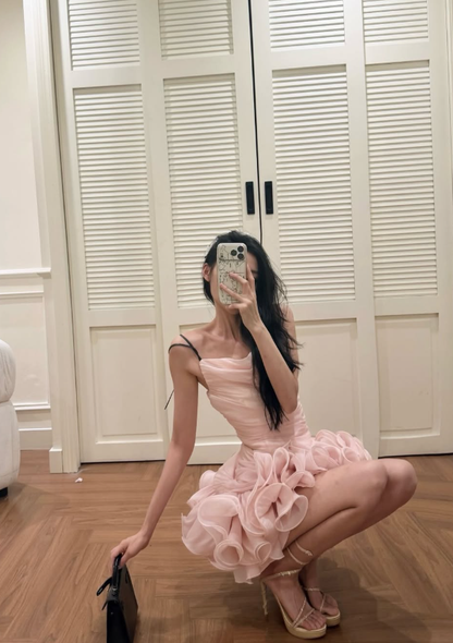 Stylish Pink A Line Spaghetti Straps Layered Tulle Short Prom Dress Homecoming Dress DP7942