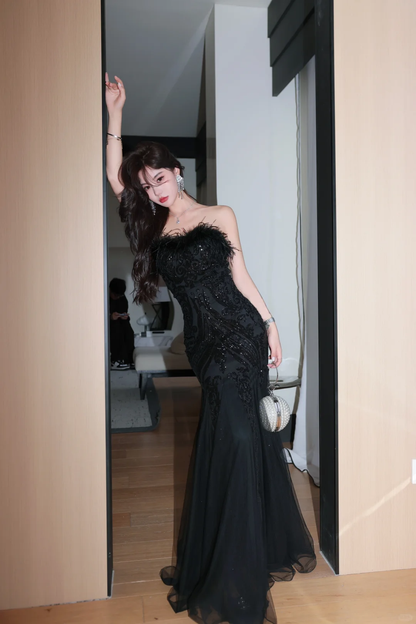 Sexy Mermaid Strapless Feather Black Sequin Tulle Prom Dress Evening Dress DP2026